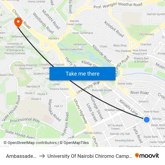 Ambassadeur to University Of Nairobi Chiromo Campus map