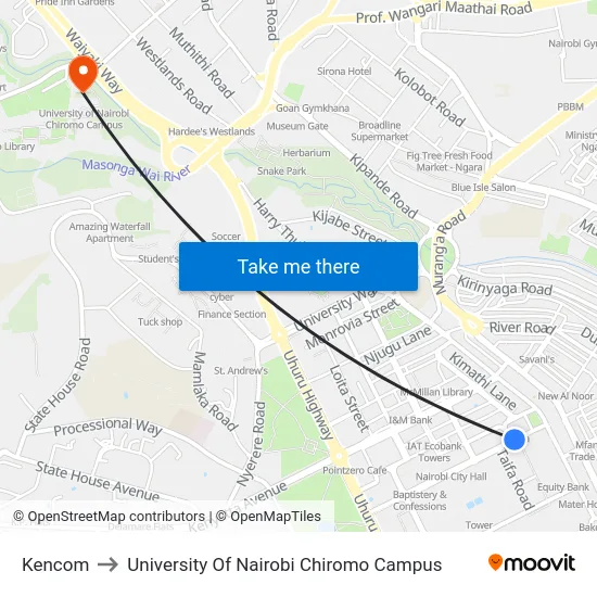 Kencom to University Of Nairobi Chiromo Campus map