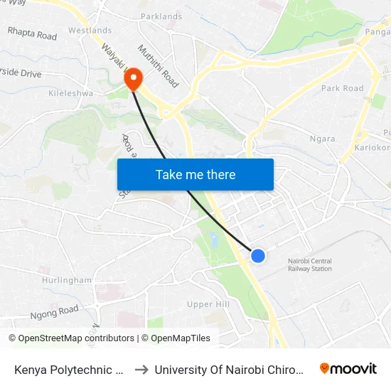 Kenya Polytechnic Bus Stop to University Of Nairobi Chiromo Campus map
