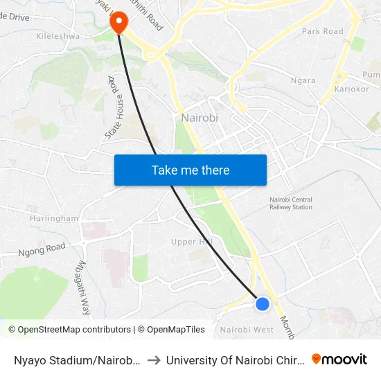 Nyayo Stadium/Nairobi West Stage to University Of Nairobi Chiromo Campus map