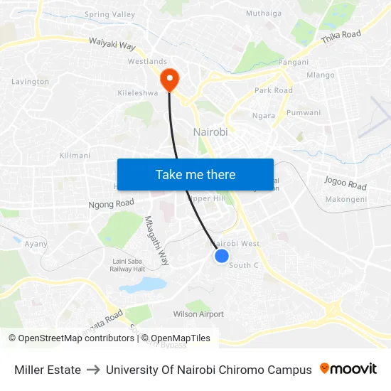 Miller Estate to University Of Nairobi Chiromo Campus map