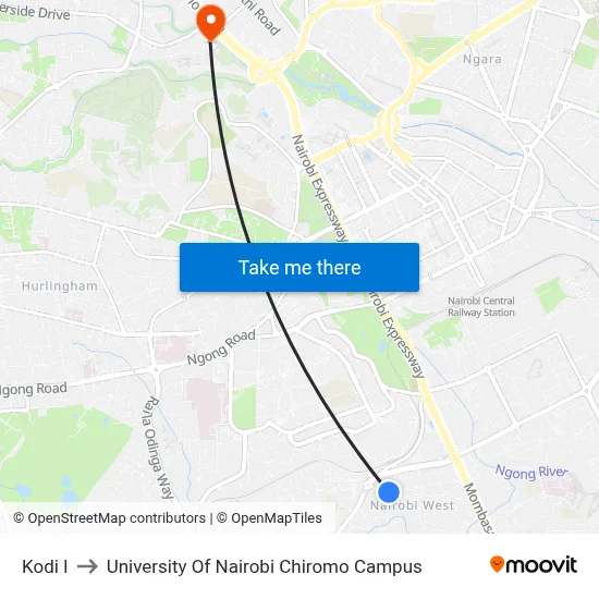 Kodi I to University Of Nairobi Chiromo Campus map