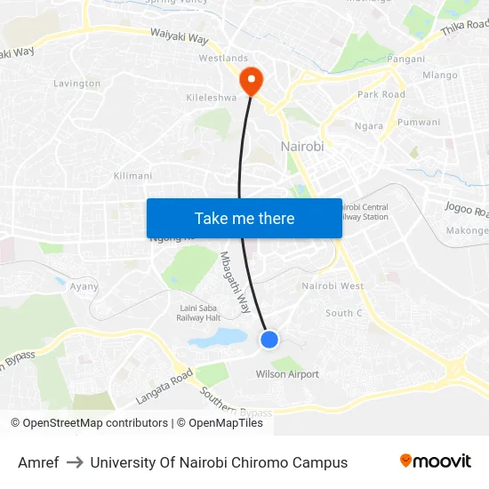 Amref to University Of Nairobi Chiromo Campus map