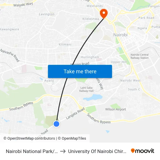 Nairobi National Park/Orphanage to University Of Nairobi Chiromo Campus map
