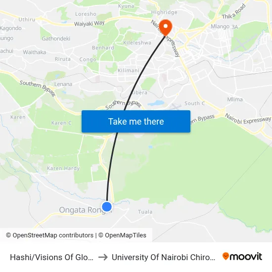 Hashi/Visions Of Glory Church to University Of Nairobi Chiromo Campus map