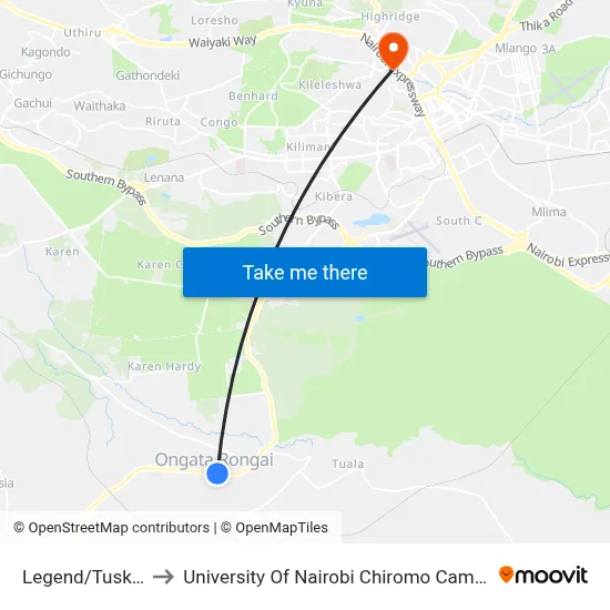 Legend/Tuskys to University Of Nairobi Chiromo Campus map