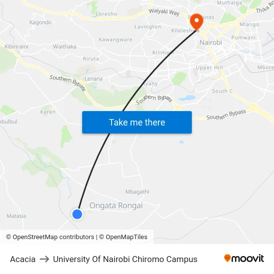 Acacia to University Of Nairobi Chiromo Campus map