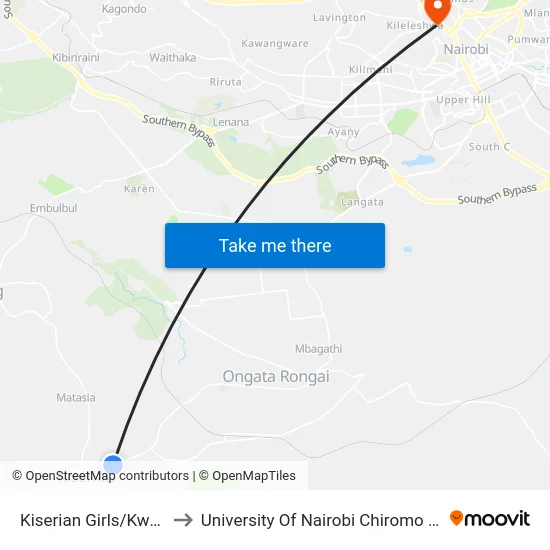 Kiserian Girls/Kwa Maji to University Of Nairobi Chiromo Campus map