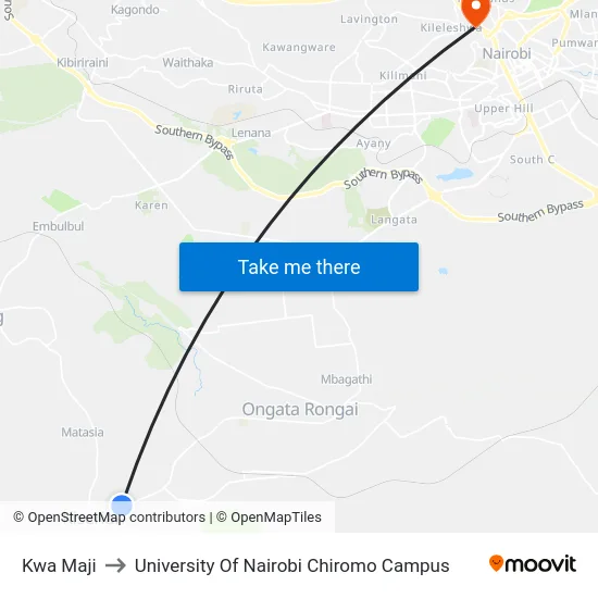 Kwa Maji to University Of Nairobi Chiromo Campus map