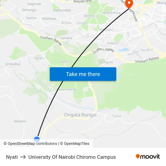 Nyati to University Of Nairobi Chiromo Campus map