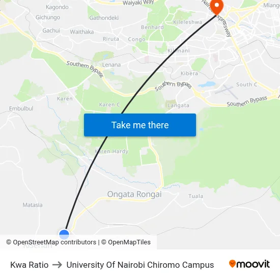 Kwa Ratio to University Of Nairobi Chiromo Campus map