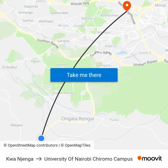 Kwa Njenga to University Of Nairobi Chiromo Campus map