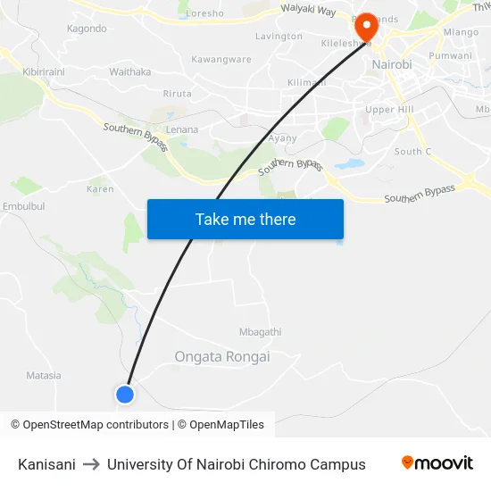 Kanisani to University Of Nairobi Chiromo Campus map