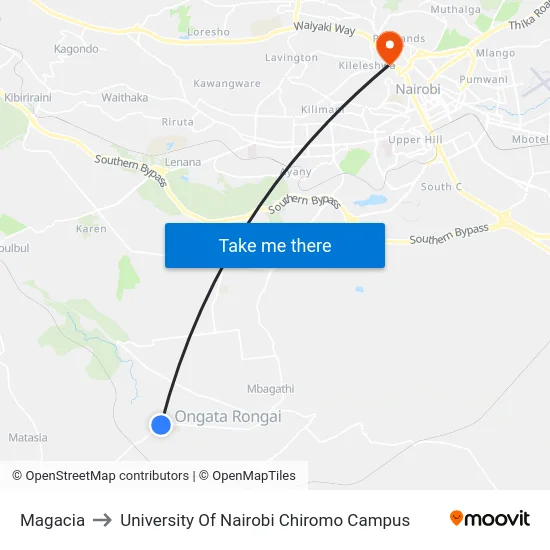 Magacia to University Of Nairobi Chiromo Campus map