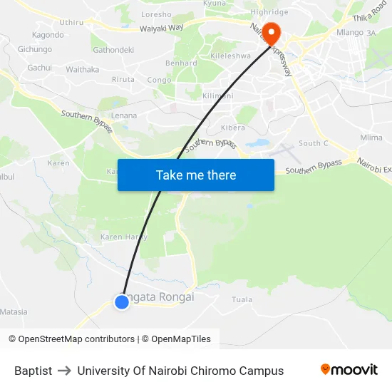Baptist to University Of Nairobi Chiromo Campus map