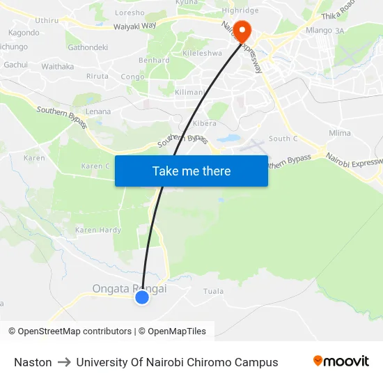 Naston to University Of Nairobi Chiromo Campus map