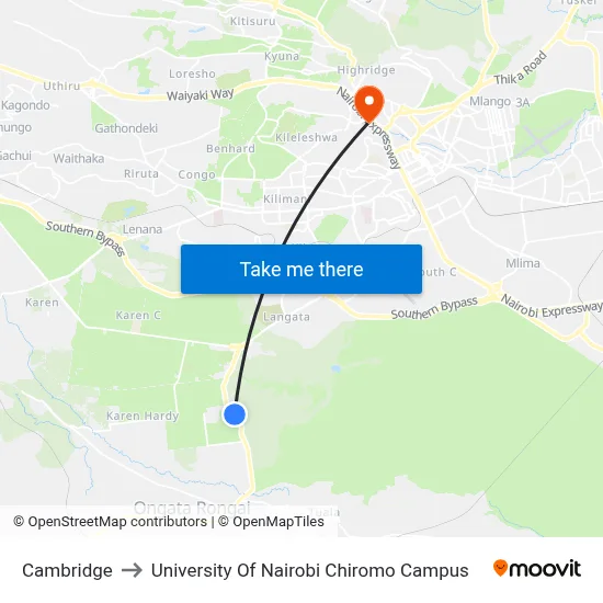 Cambridge to University Of Nairobi Chiromo Campus map