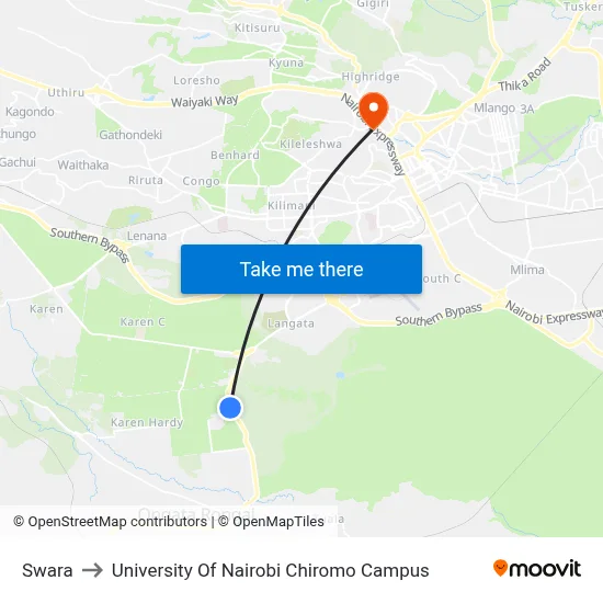 Swara to University Of Nairobi Chiromo Campus map