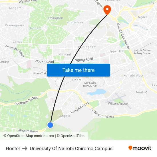 Hostel to University Of Nairobi Chiromo Campus map