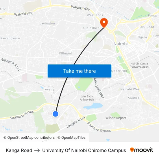 Kanga Road to University Of Nairobi Chiromo Campus map