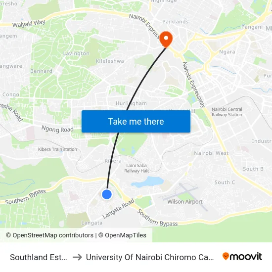 Southland Estate to University Of Nairobi Chiromo Campus map