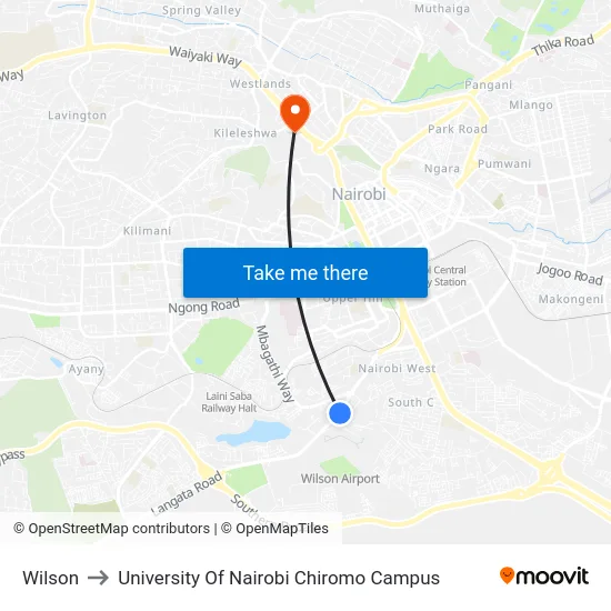 Wilson to University Of Nairobi Chiromo Campus map
