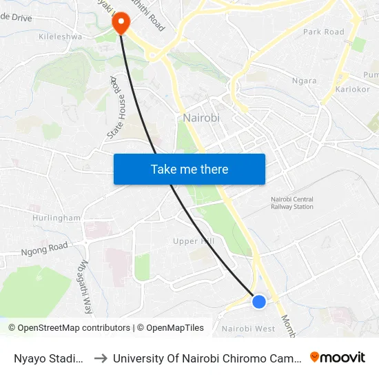 Nyayo Stadium to University Of Nairobi Chiromo Campus map
