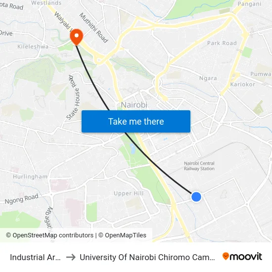 Industrial Area to University Of Nairobi Chiromo Campus map