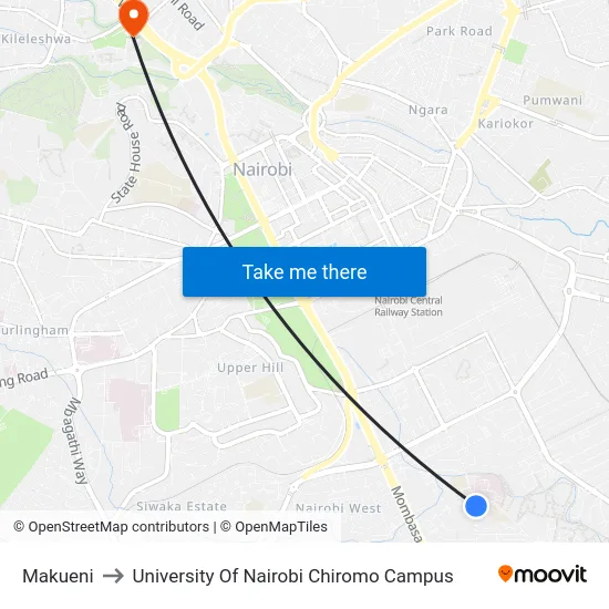 Makueni to University Of Nairobi Chiromo Campus map