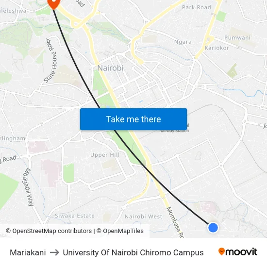 Mariakani to University Of Nairobi Chiromo Campus map