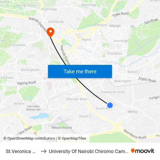 St.Veronica Ack to University Of Nairobi Chiromo Campus map