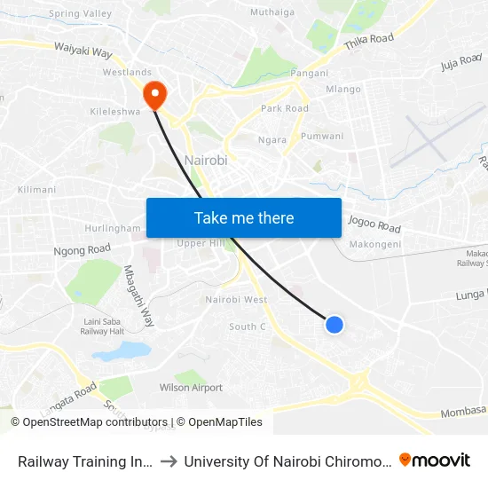 Railway Training Institute to University Of Nairobi Chiromo Campus map