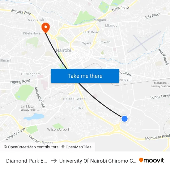 Diamond Park Estate to University Of Nairobi Chiromo Campus map