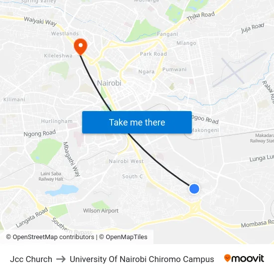 Jcc Church to University Of Nairobi Chiromo Campus map