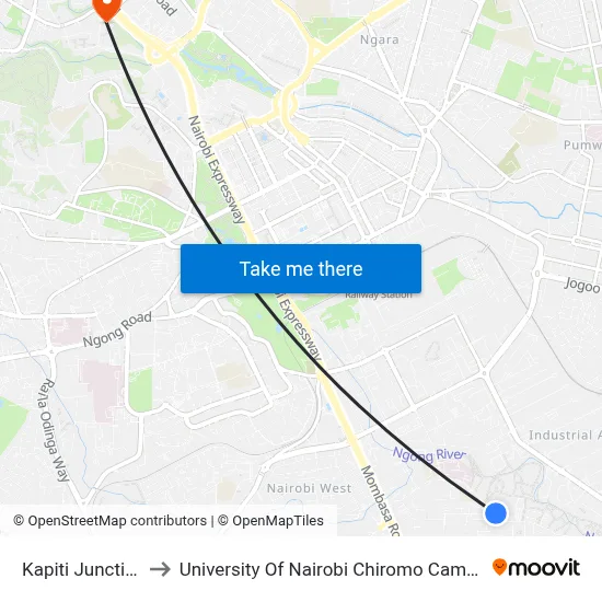 Kapiti Junction to University Of Nairobi Chiromo Campus map