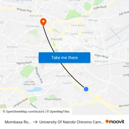 Mombasa Road to University Of Nairobi Chiromo Campus map