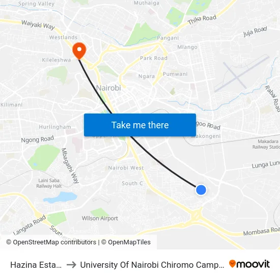 Hazina Estate to University Of Nairobi Chiromo Campus map