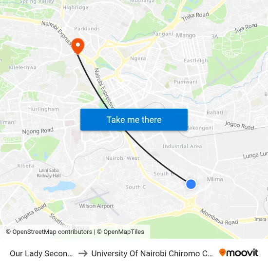 Our Lady Secondary to University Of Nairobi Chiromo Campus map