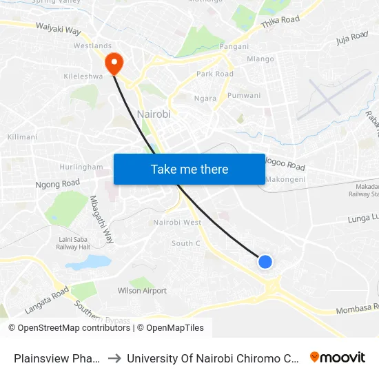 Plainsview Phase 5 to University Of Nairobi Chiromo Campus map