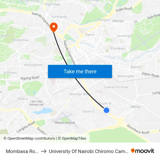 Mombasa Road to University Of Nairobi Chiromo Campus map