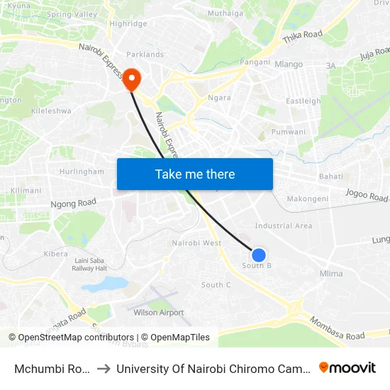 Mchumbi Road to University Of Nairobi Chiromo Campus map