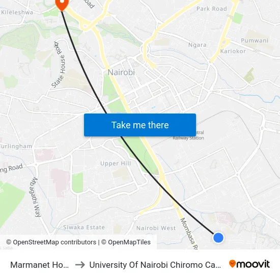 Marmanet House to University Of Nairobi Chiromo Campus map