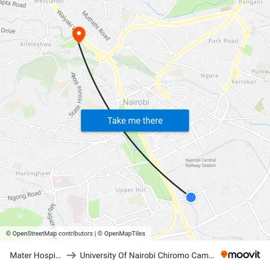 Mater Hospital to University Of Nairobi Chiromo Campus map