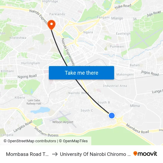 Mombasa Road Turnoff to University Of Nairobi Chiromo Campus map