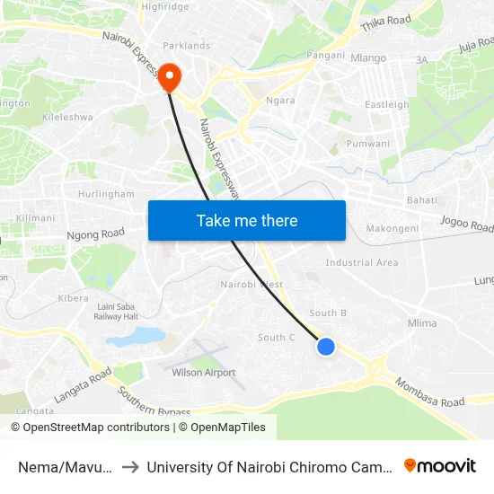 Nema/Mavuno to University Of Nairobi Chiromo Campus map
