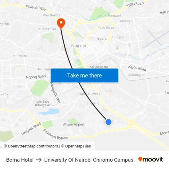 Boma Hotel to University Of Nairobi Chiromo Campus map