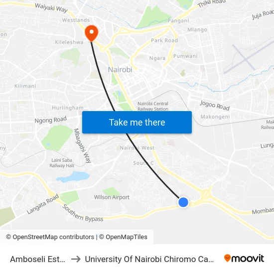 Amboseli Estate to University Of Nairobi Chiromo Campus map