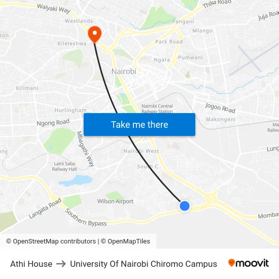 Athi House to University Of Nairobi Chiromo Campus map