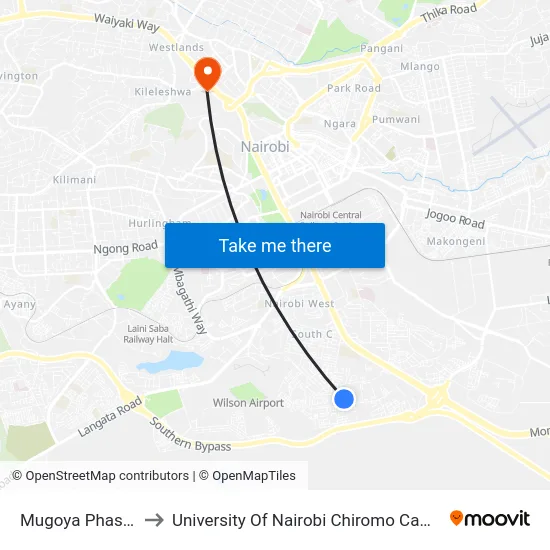Mugoya Phase 4 to University Of Nairobi Chiromo Campus map