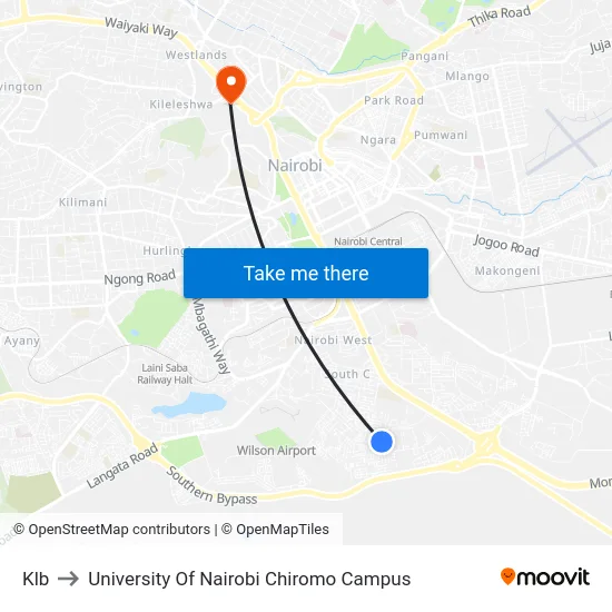 Klb to University Of Nairobi Chiromo Campus map